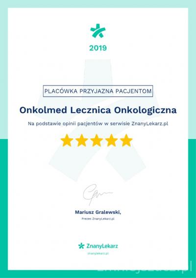 Certyfika dla przyjaznej placówki pacjentom, wydany przez portal znanylekarz.pl w 2019 roku