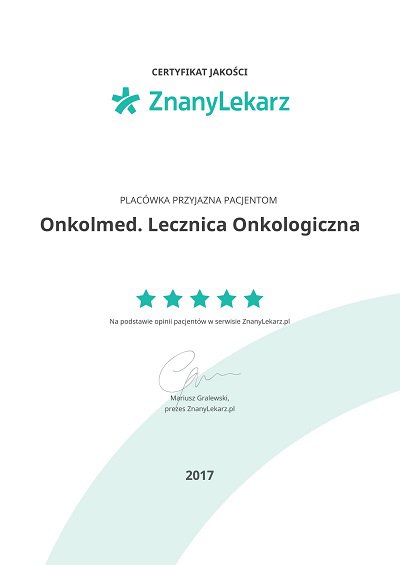 Certyfika dla przyjaznej placówki pacjentom, wydany przez portal znanylekarz.pl w 2017 roku