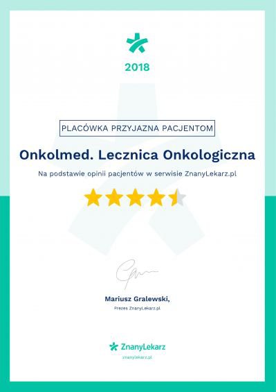 Certyfika dla przyjaznej placówki pacjentom, wydany przez portal znanylekarz.pl w 2018 roku
