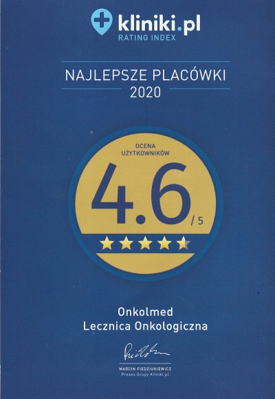 Certyfikat dla najlepszej placówki medycznej, wydany przez portal kliniki.pl w 2020 roku